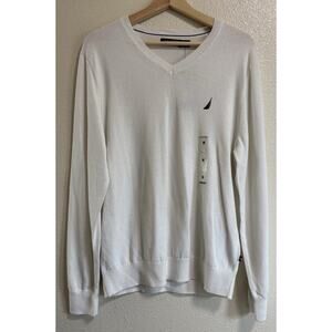 NWT Nautica Mens Size Medium White Jersey V-Neck Sweater Casual Preppy Old Money